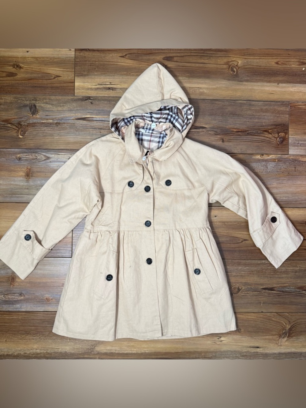 Girls Tan Trench Coat Size 10 140 Plaid Lined Hooded Jacket Classic Style